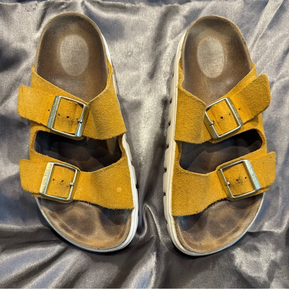 Birkenstock Papillio size 38 Suede Arizona Platform Sandals Gold Buckles w/ box - Picture 4 of 12